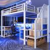 Loft bed, 90 x 200 cm, iron frame, storage, staircase with storage, safety railing, LED light strip, desk, USB port, without mattress, white