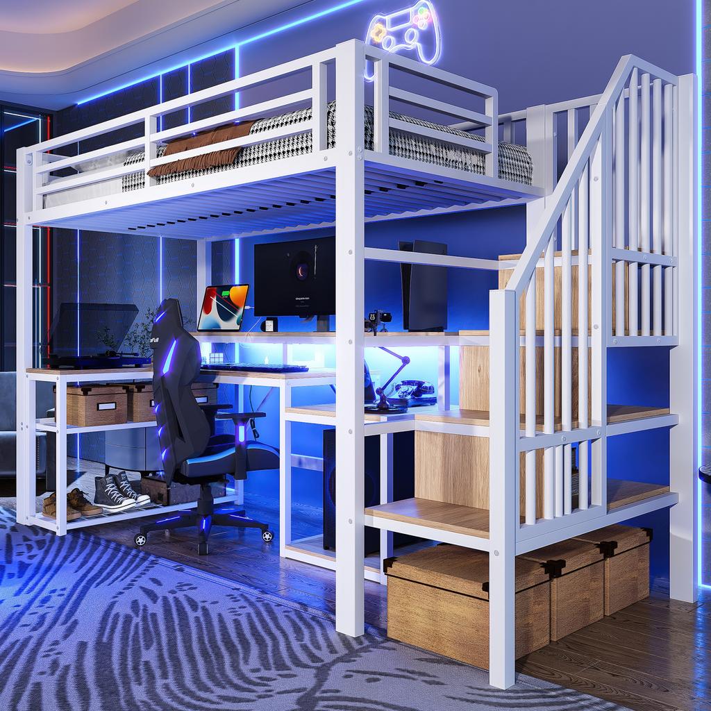 Loft bed, 90 x 200 cm, iron frame, storage, staircase with storage, safety railing, LED light strip, desk, USB port, without mattress, white
