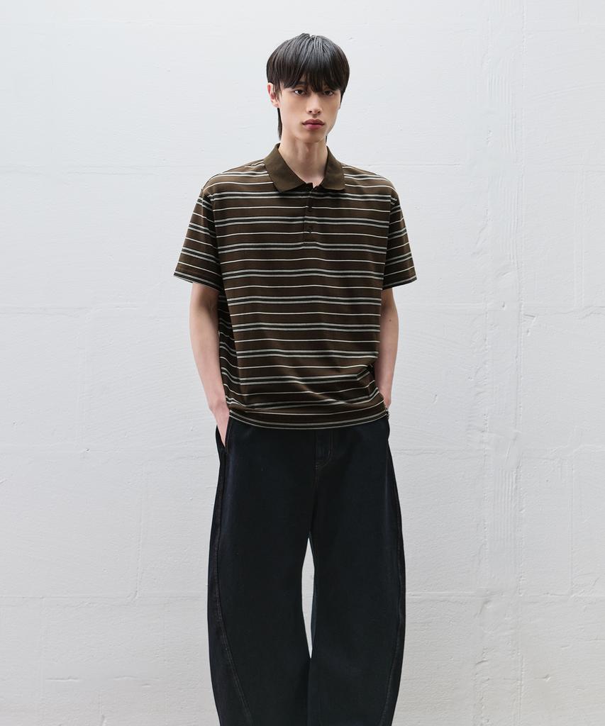 DRAW FIT Striped Broad Pique Half T-Shirt [Dark Brown]