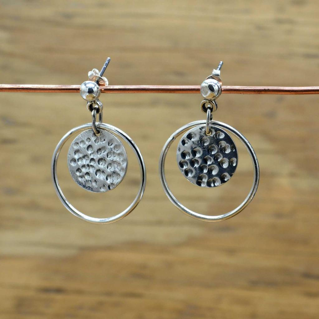Hammered Disk Dangle Studs Earrings, 925 Sterling Silver Women Handmade Earrings Gift For Her