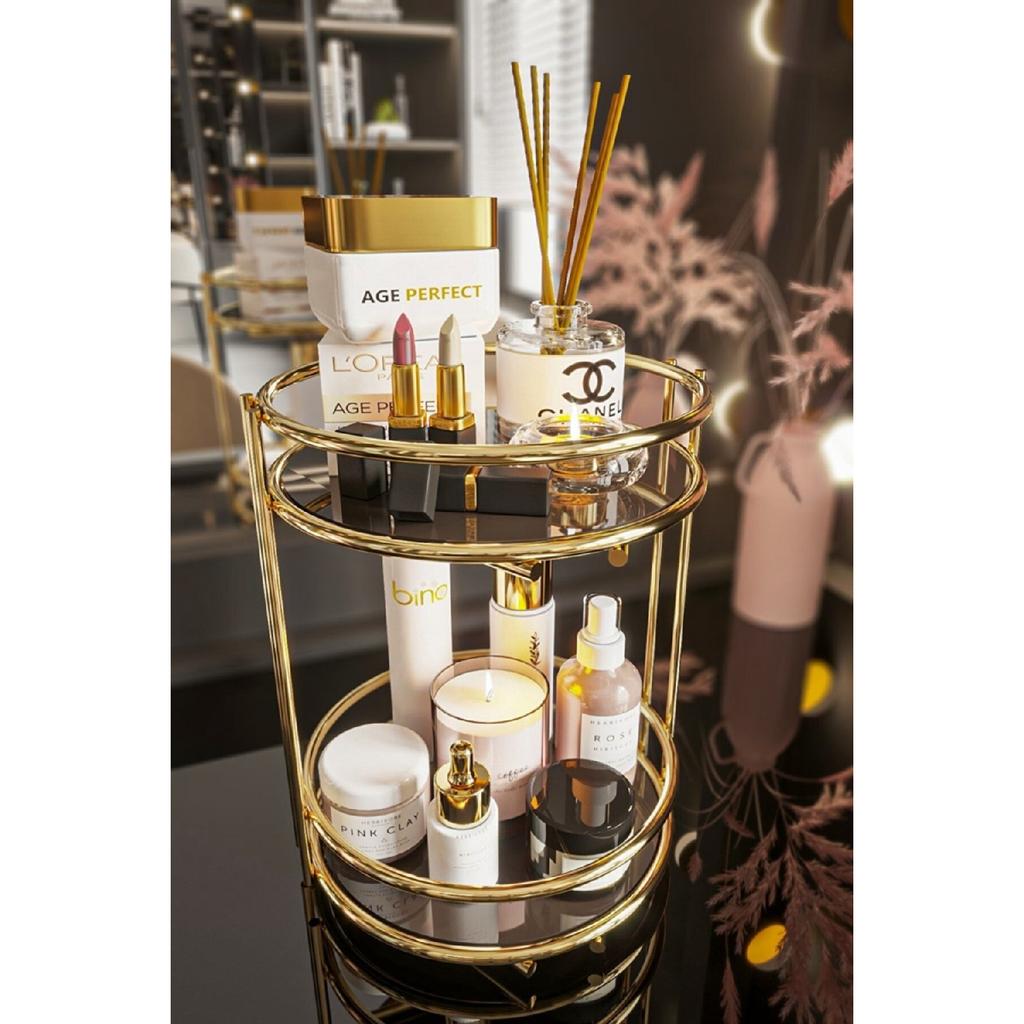 Bathroom Cosmetic Jewelry Organizer Multi-purpose Organizer 2-tier Serving Presentation Tray Treat Holder Gold