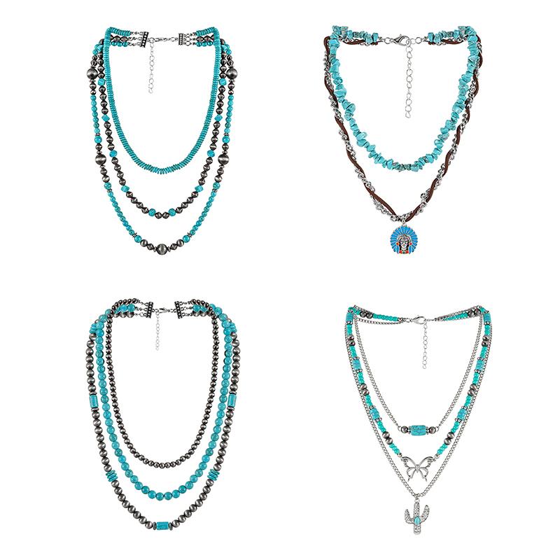 Летнее многослойное бирюзовое ожерелье в этническом стиле с кактусом и пляжным чокером-подвеской, ретро, в стиле вестерн, кантри, подарок