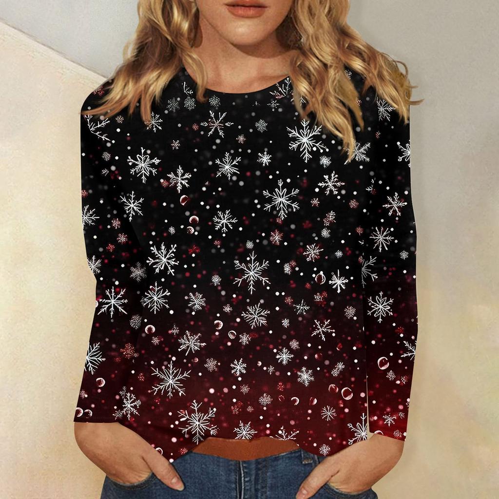 Женская мода повседневный рождественский принт круглый вырез длинный рукав пуловер топ
