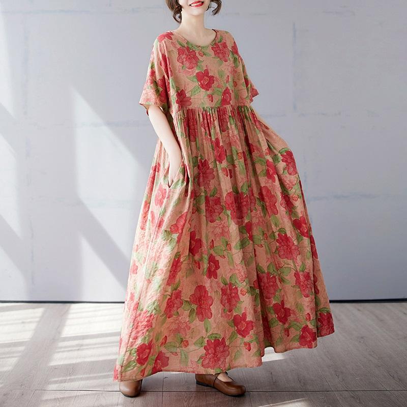 Новое хлопковое винтажное платье с цветочным принтом больших размеров с коротким рукавом для женщин, повседневное свободное длинное летнее платье