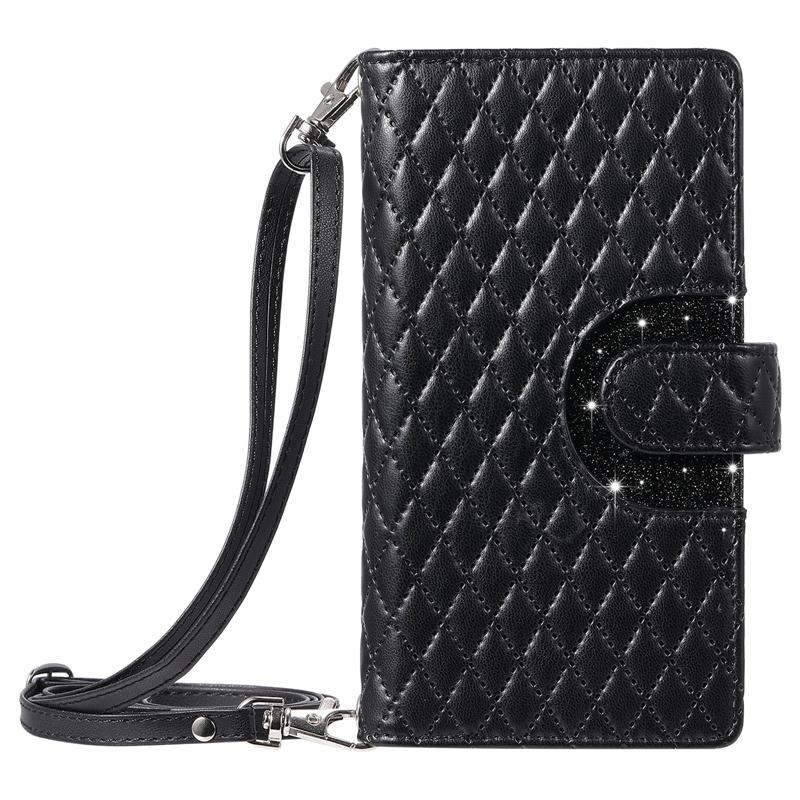 Luxury Glitter Powder Zipper Wallet Case with Card Slots for iPhone Samsung Xiaomi Redmi Google OPPO Long Strap + Short Strap Flip Leather Phone Bag