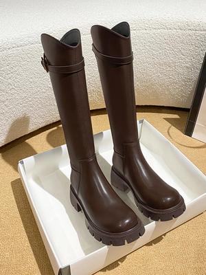 Модные винтажные теплые плюшевые женские сапоги до колена, модные туфли с пряжкой на ремне, осенне-зимние женские сапоги на низком каблуке в рыцарском стиле