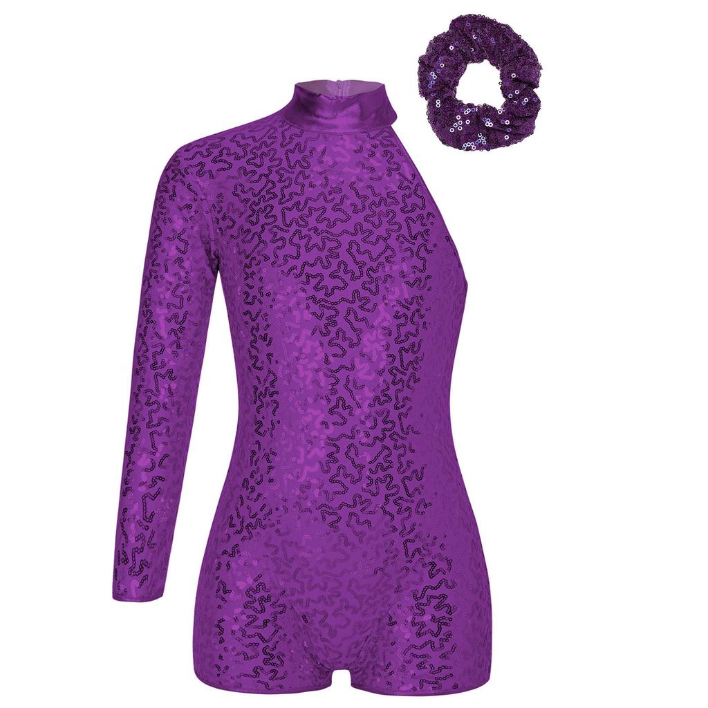 Girls Sparkly Sequin Gymnastics Leotard One Shoulder Long Sleeve Bodysuit with Hair Tie Jazz Dancewear