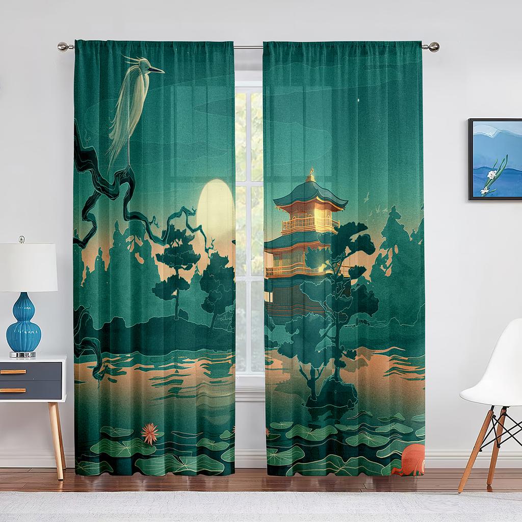 Птицы на ветке вишни, картина тушью, тюлевые шторы-вуали для спальни, оконные занавески для гостиной, прозрачные шторы, шторы