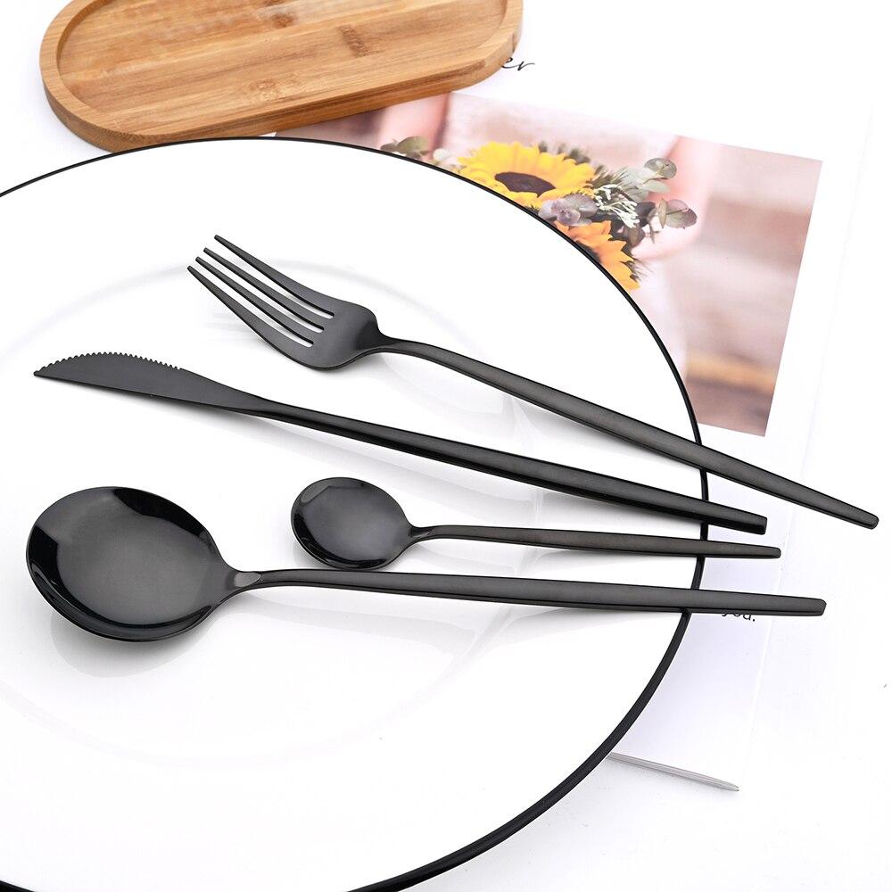 Mirror 24pcs Dinnerware Set Western Stainless Steel Cutlery Set Black Fork Spoon Silverware Set Knife Flatware Set Tableware Set