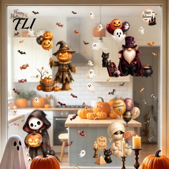 Outdoor Balcony Scene Setting 4Pcs Halloween Cartoon Window Clings, Pumpkin Ghost Scarecrow Stickers, Decorative Glass Decals for Party