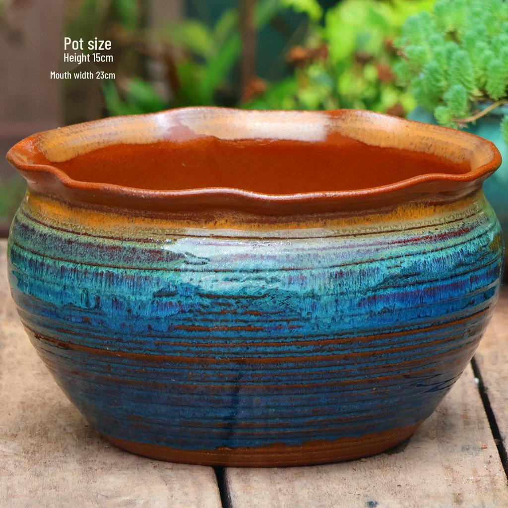 Large Coarse Pottery Green Planter: Ceramic Flower Pot for Succulents, Orchids, and Plants