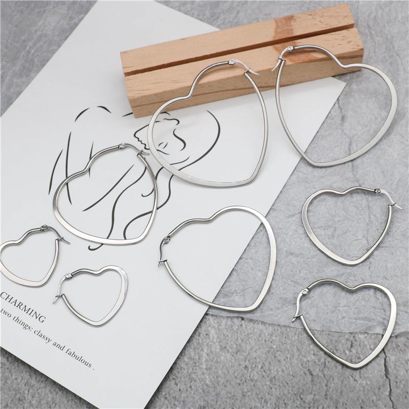 Fashion Heart Stainless Steel Big Hoop Earrings for Women 30 To 60mm Statement Simple Party Girl Gift Jewelry