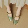 Модная женская обувь с принтом, толстый каблук для вечеринок и свадеб, зеленые закрытые полубосоножки, жемчужный блочный массивный каблук, корейский стиль, на каждый день, ПВХ или VIP
