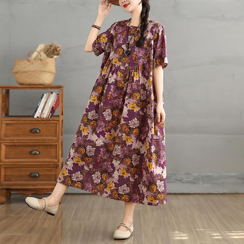 DIMANAF Women 2025 Summer Plus Size Vintage Printing Dress Loose Casual Dress Basic Floral Short Sleeve Long Dress