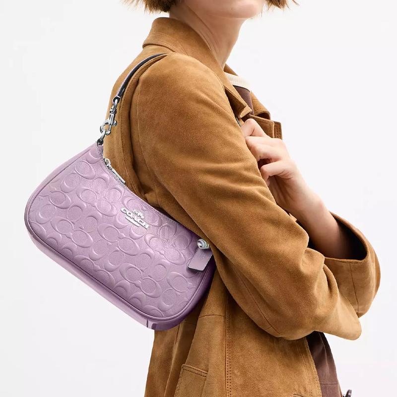 Coach Teri 25 Шарм-сердце Серебристая металлическая кожаная сумка через плечо Средняя Женская Светло-фиолетовая