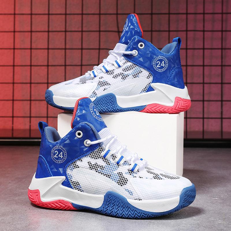 Популярные детские баскетбольные кроссовки с резиновой подошвой и сетчатым плетением для мальчиков, кроссовки для учеников начальной школы, спортивная обувь для бега, нескользящая