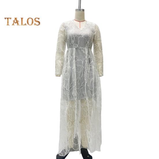 Женское вечернее платье с глубоким V-образным вырезом, кружевным цветочным узором, макси-платье А-силуэта, с длинными рукавами-фонариками, с высокой талией, плиссированное бальное платье для выпускного вечера