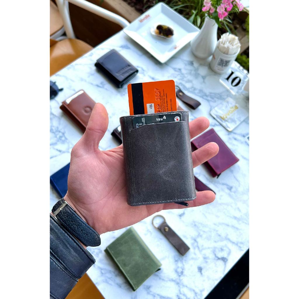 Унисекс черный кошелек из натуральной кожи с механизмом - (Специально для имени) - (Подарок на брелок из натуральной кожи)