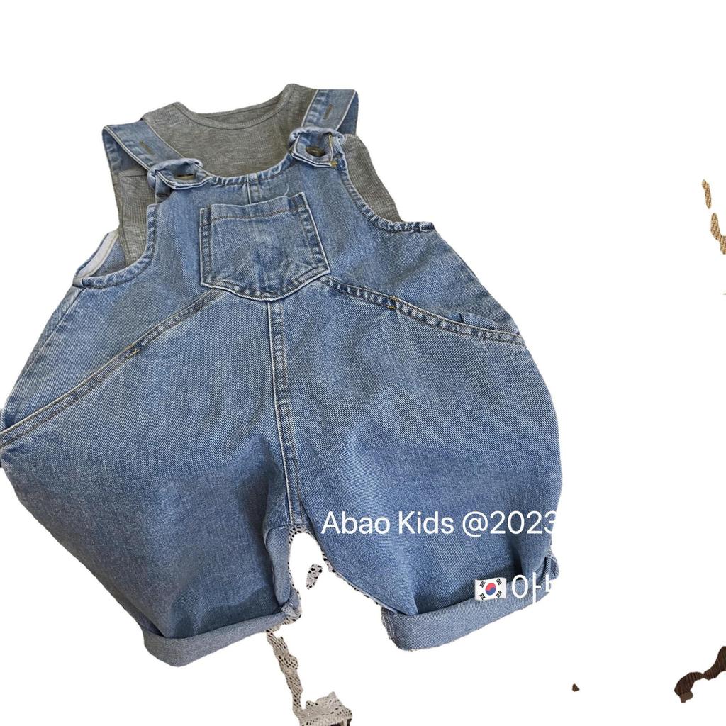Girls' Denim Overalls Set with Ribbed Vest