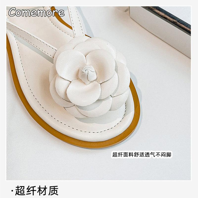 Празднуйте 2025 Лето Новые Элегантные Женские Сандалии На Плоской Подошве Женская Обувь Дизайн с Цветком Черные Белые Вьетнамки Большой Размер 42 43