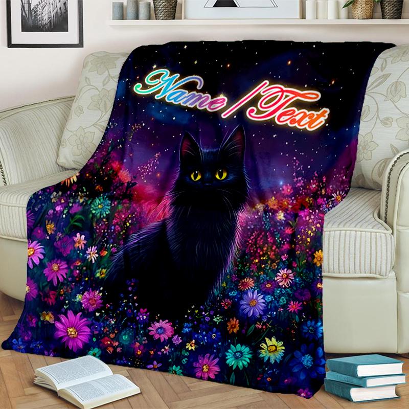 1PC Custom Name Black Cat Flowers outdooor Flannel blankets Throw Blanket All-Season Throw Gift Bedspread for Couch, Bed, Camping Holiday Birthday gif