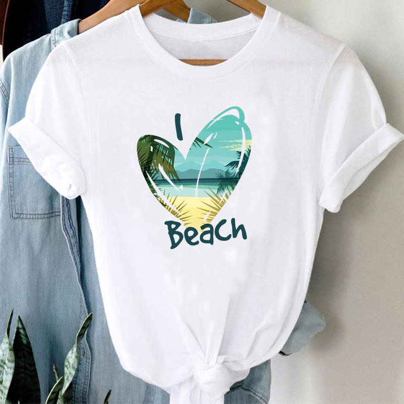 (Asian Size) Tee Top Women Love Letter Flower Trend Cute Print Lady Clothing Casual Short Sleeve Fashion Tshirt Female Graphic T-shirt