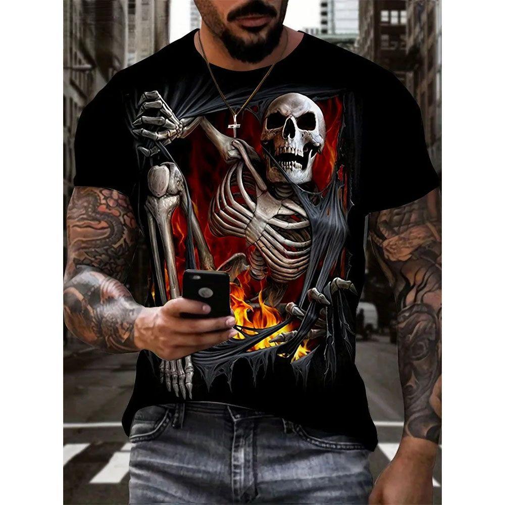 Футболка с персонализированным 3D-принтом Череп Смерти Летняя Новинка Мужская с круглым вырезом и коротким рукавом Европейская и американская трендовая большого размера