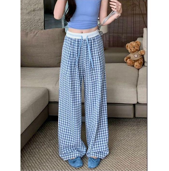 2025 Girls' Pink Plaid High-Waisted Loose Fit Yamamoto Pants: Retro Wide-Leg for Spring/Summer