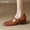 НОВЫЕ весенние женские туфли-лодочки из натуральной кожи для женщин Туфли на толстом каблуке с квадратным носком Туфли Мэри Джейн в стиле ретро Коричневые туфли в стиле ретро