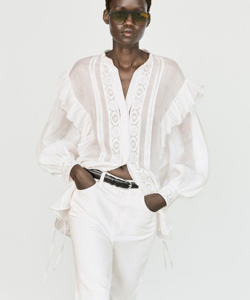 Masimodutti Blouse With Stand Collar Embroidery And Ruffle Details