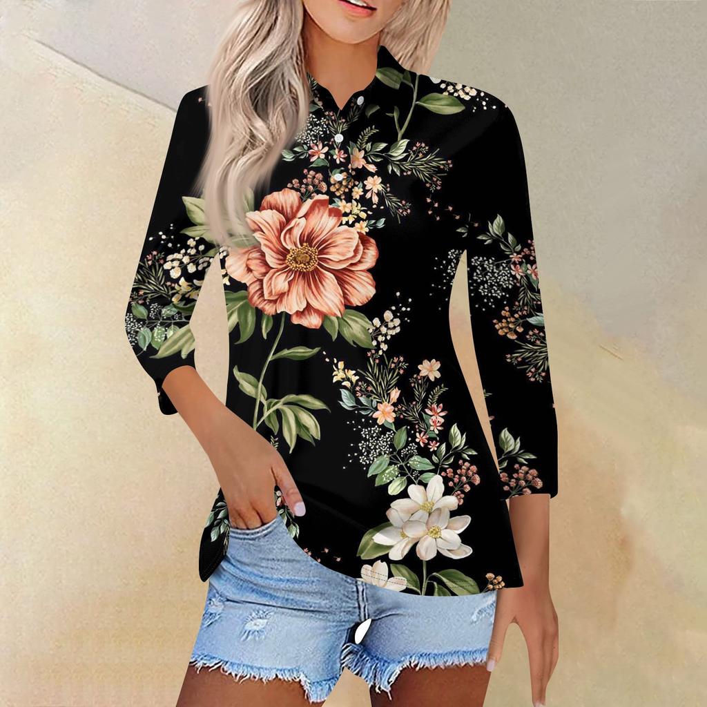 Женская модная повседневная рубашка с отворотом и рукавом 3/4, женские топы на пуговицах