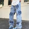 2024 Модные потертые потертые джинсы в стиле ретро, ​​мужская вышитая нашивка, уличные повседневные прямые брюки