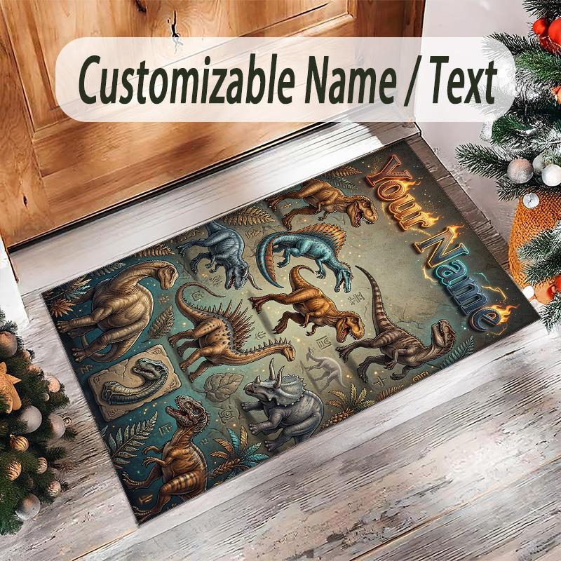 Dinosaur Theme Crystal Velvet Rug Personalized Custom Name Text Soft Floor Mat Home Decor