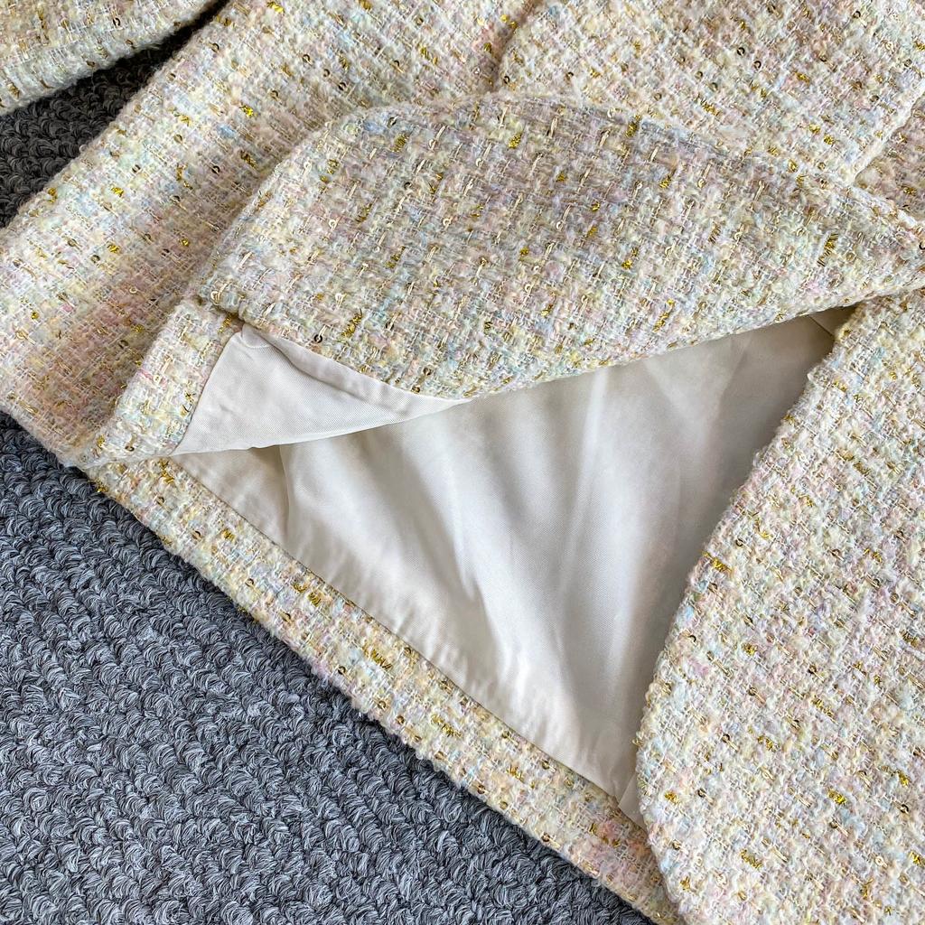 Осень Зима Женский Элегантный Маленький Ароматный Ветер Полный Рукав Однобортный Твидовый Короткий Пиджак Пальто С Карманом