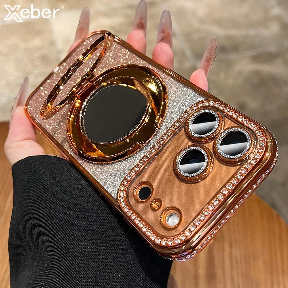 Gradient Glitter For Magsafe Magnetic Mirror Stand Holder Case For iPhone 13 14 15 16 17 Pro Max Bling Diamond Shockproof Cover