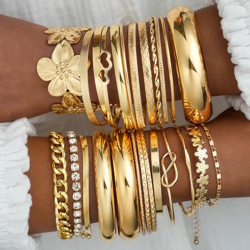 25 Pcs/Set Personalized Multi-Element Thick Line Gold Color Heart Pearl Zircon Bangle Bracelet For Women Daily Wear Jewelry 2026