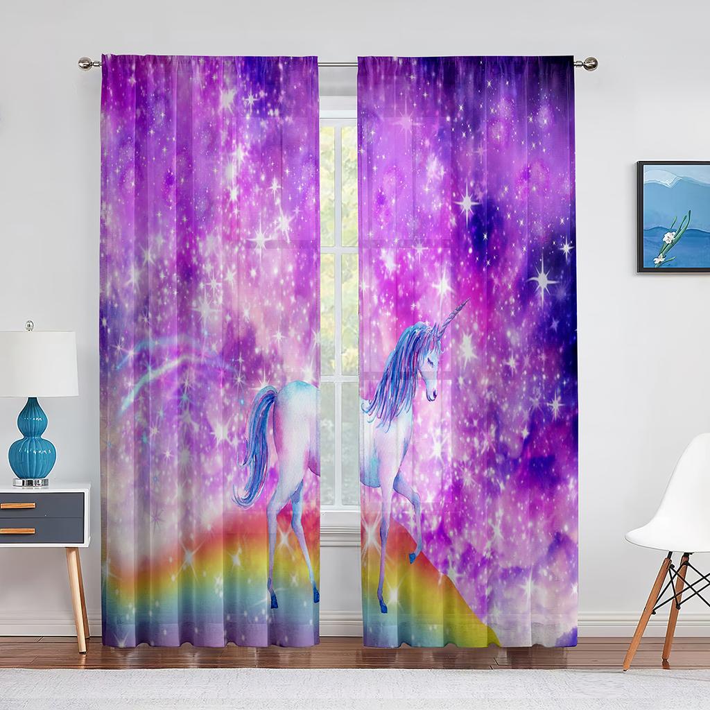 Фэнтези Фиолетовый Облако Единороги Тюлевые Шторы-Вуали Спальня Отель Домашний Декор Прозрачные Шторы для Гостиной Шифоновая Печатная Драпировка