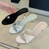 Fashion Elegant Silk Kitten Heel Slippers Women Fashion Square Toe Metal Buckle Slide Sandal Luxury Brand Designer Dress Sandalias Mujer
