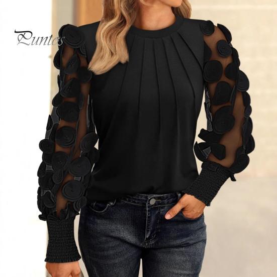 Женские топы с круглым вырезом, сетчатые, с ажурными буфами, с длинными рукавами, однотонные, универсальные, стильные, блузки