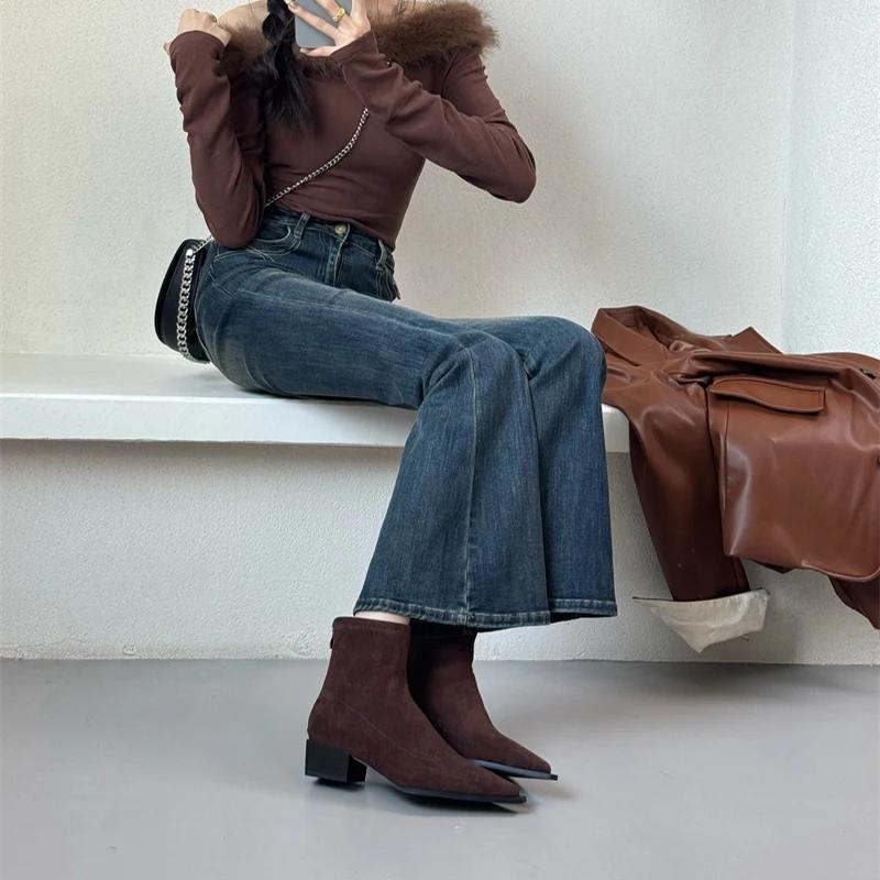 Дизайнерские женские ботильоны, модные, с острым носком, короткие, женские, повседневные, на толстом каблуке