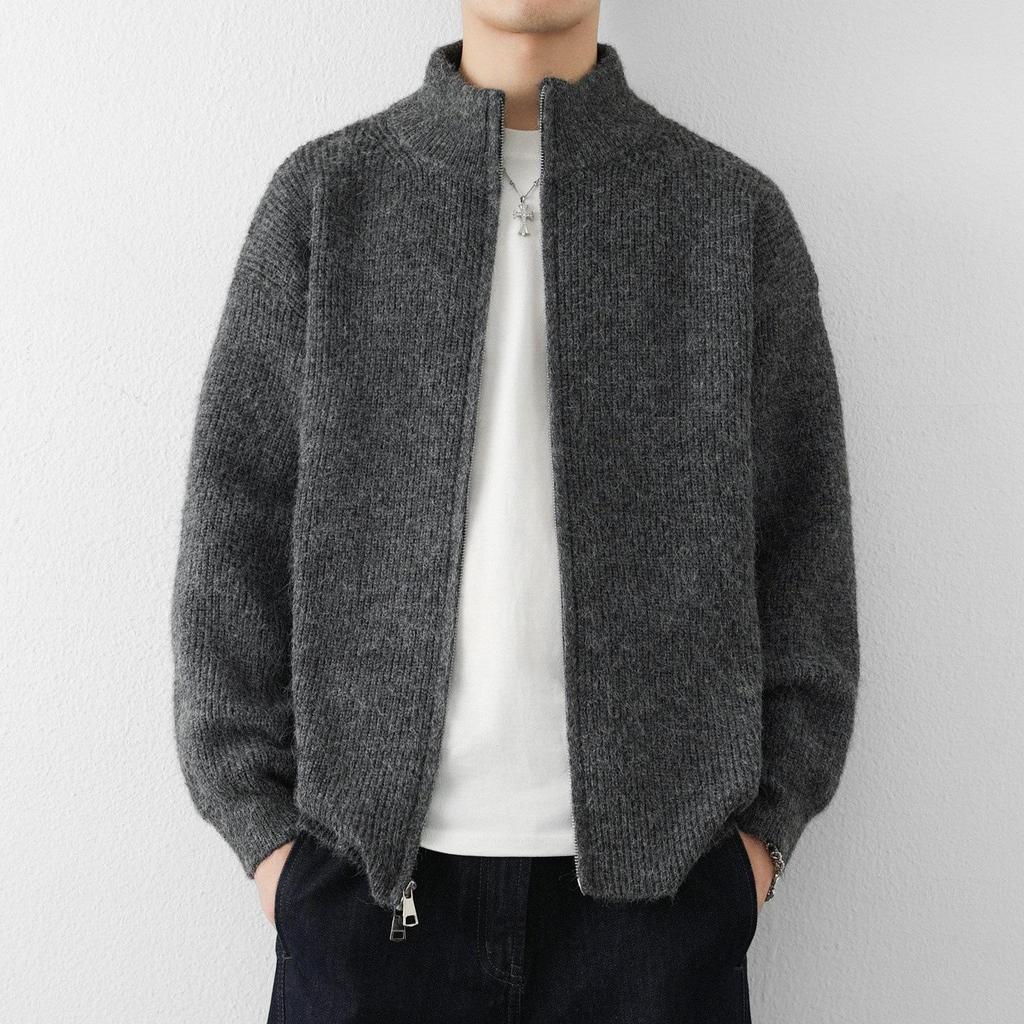 Мужской кардиган крупной вязки из шерсти - С воротником-стойкой, Повседневный стиль для весны и осени 2025
