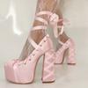 2025 New Lolita Pink Sandals Sweet Strappy Platform Thick Heel Large Size 47 Women's Pumps Satin Bow Tie Lace-Up Fashion Sandals