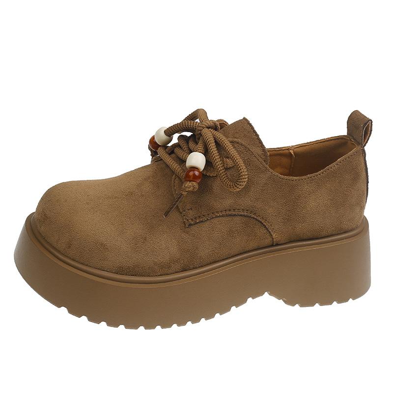 Retro Beaded Women's Autumn New Lace-up Loafers, Thick-soled Heightening Boken Kangaroo Shoes