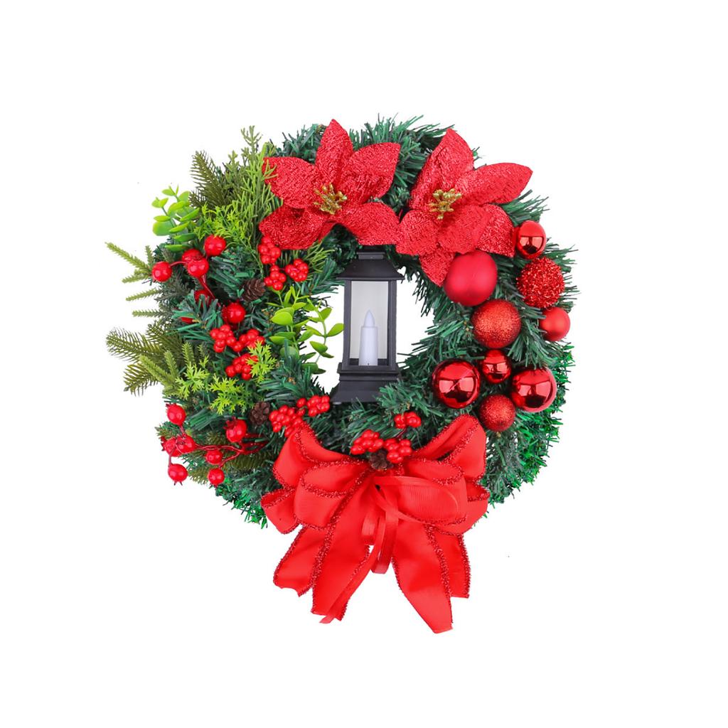 30/40CM Christmas Wreath Elegant Red Christmas Wreath with Warm Lamp Red Round Garland for Window Door Wall Ornament Decor