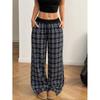 High-Waisted Loose Straight Cut Plaid Patchwork Casual Trousers Women Comfortable Stretchy Pants