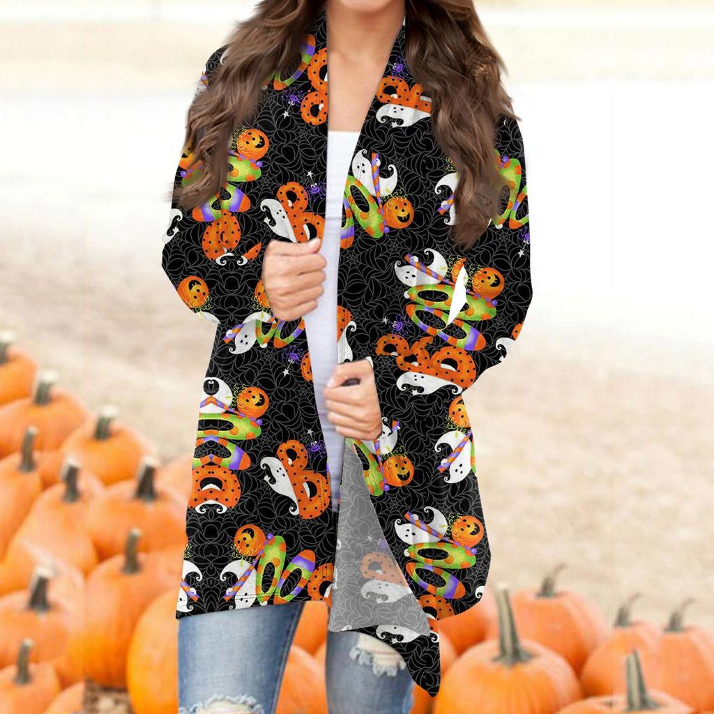 Женская мода повседневная Хэллоуин принтованный длинный рукав кардиган средней длины топы