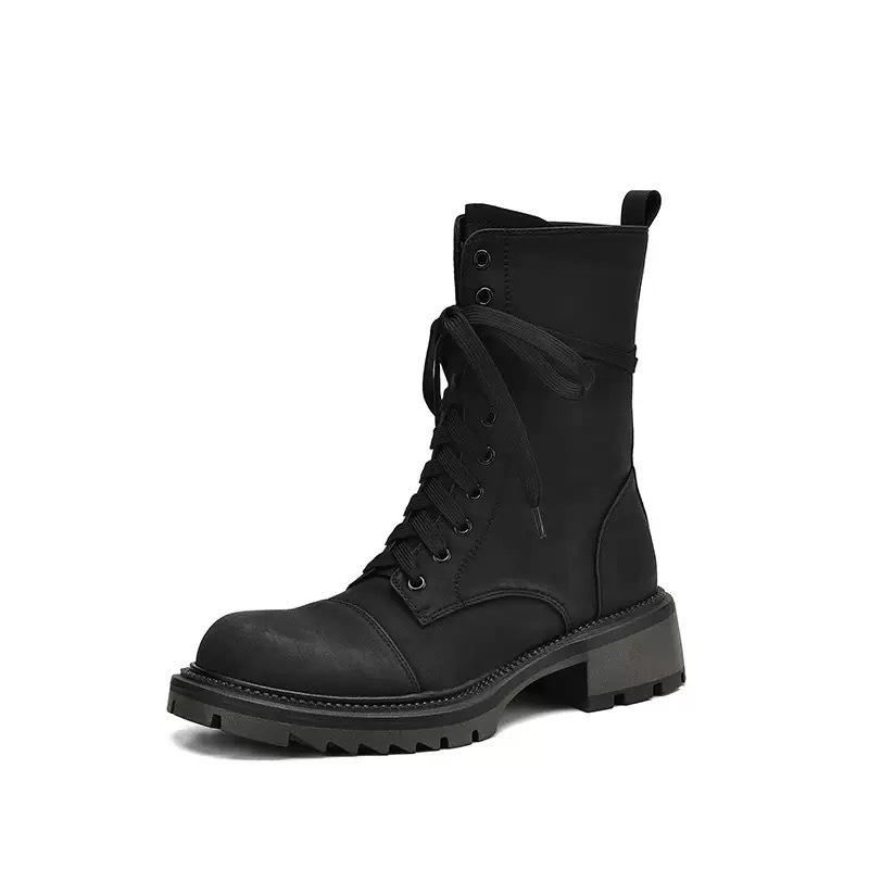 Женские мотоботы средней высоты из овчины в стиле ретро на толстом каблуке на шнуровке, кожаные ботинки высокого класса, нишевый дизайн, ботинки Мартина на толстой подошве