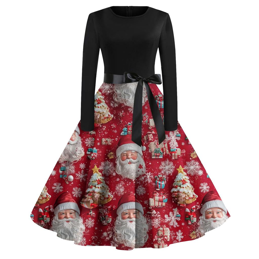 Женская мода винтаж с длинным рукавом и круглым вырезом с рождественским принтом вечерние платья платья
