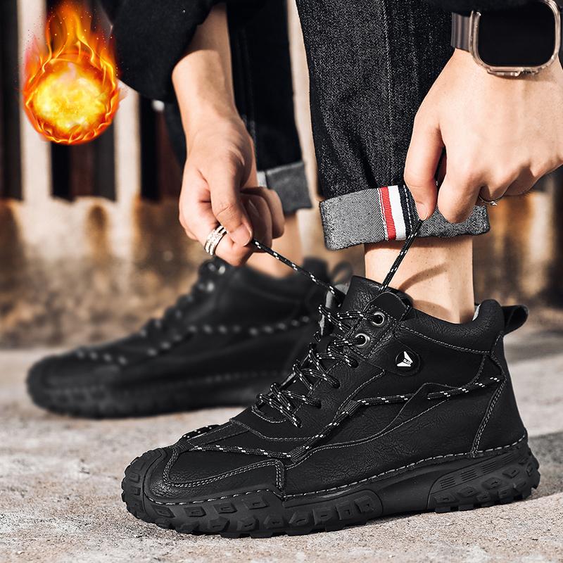 38-46 Модные зимние ботинки для мужчин, плюшевые кожаные ботинки с ручным швом, высокие походные ботинки, нескользящие, теплые, мужские ботинки, большие