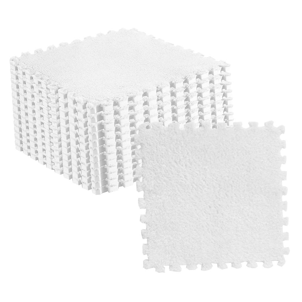 10pcs Plush Puzzle Floor Foam Mat Tiles Fluffy Cuttable Anti Slip Interlocking Carpet Tiles White